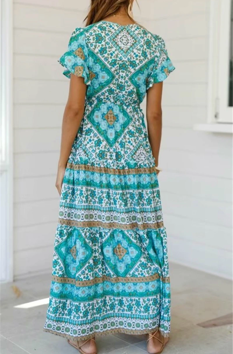 Boho шикарное женское платье с цветочным принтом, с расклешенными рукавами, богемное хлопковое платье макси из вискозы, женское винтажное платье с v-образным вырезом на шнуровке и оборками