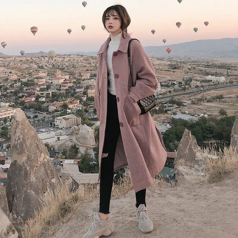 pink Осенне-зимняя женская однобортная теплая плотная шерстяная куртка больших размеров, верхняя одежда, Женское пальто свободного кроя с карманами, тонкое длинное пальто F13 - Цвет: pink