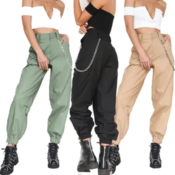 

2019 New Fashion Women High Waist Hip-Pop Combat Cargo Harem Pants Leggings Trouser Solid Long Daily Casual Pants No Chain