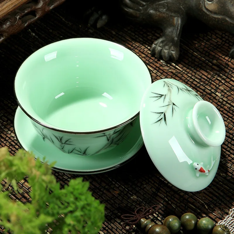 160 мл ручная роспись Sancai Gaiwan Longquan Celadon китайский чайный набор кунг-фу пейзаж/Орхидея/бамбук/Лотос чайная чаша оптом