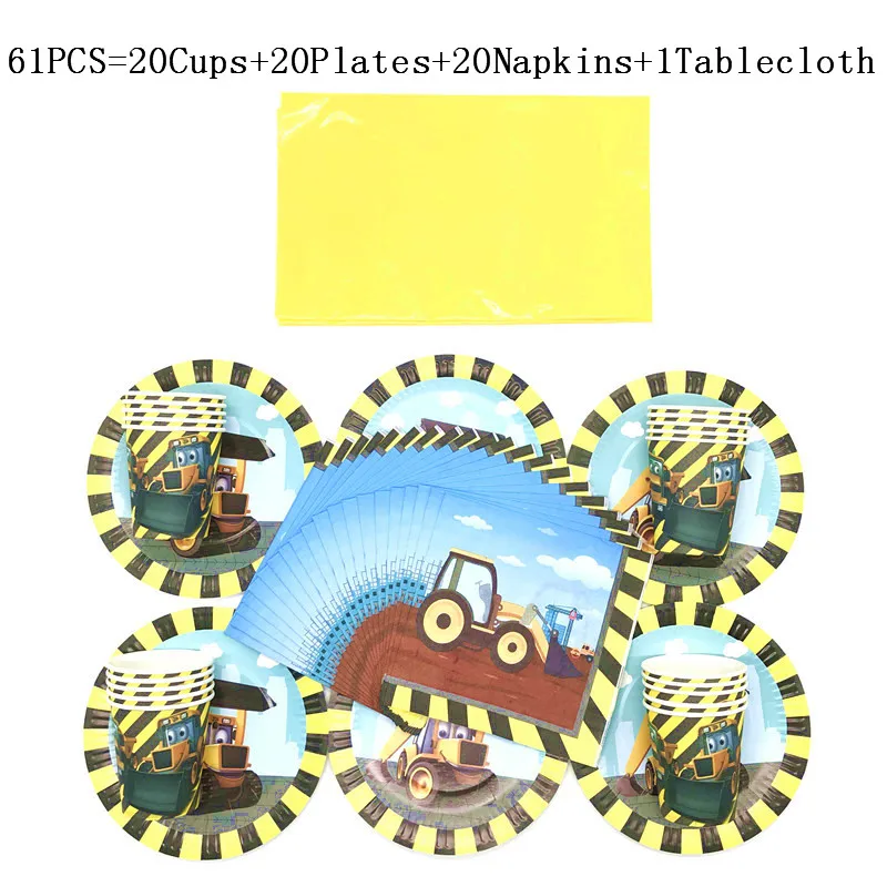 

41/61Pcs Construction Vehicle Theme Tableware Children Birthday Party Paper Cup Plate Napkin Wedding Dish Glass Tissue Tablecove