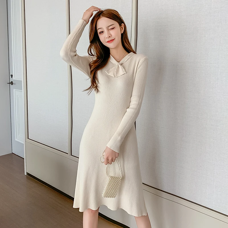 

Korean Fashion Knitting Woman Dress Solid Office Lady Sweater Dress Winter Long Sleeve Black Midi Dresses for Women