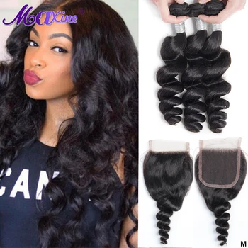 

3Pcs/Lot Brazilian Loose Wave Hair Bundles With Closure Hair Weave Extensions Natural Black Remy Human Hair Bundles With Closure