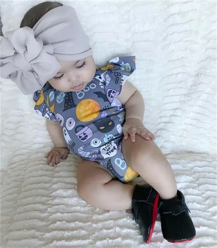 Goocheer 2019 Baby Newborn Boy Girl Infant Halloween Cartoon Print Jumpsuit Fly Sleeve Bodysuit Clothes Outfit Headband Costume