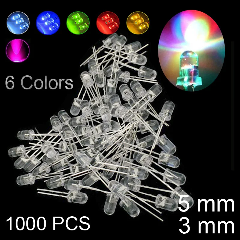 

1000pcs LED Emitting Diodes Warm White ,RGB White Quality Transparent Cover 6 Color Hight Bright Red Wide Angle Blue 3mm 5mm