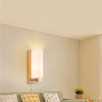 

Modern Led Cylindrical Wooden Wall Lamp Glass Lampshade Corridor Hotel Bedroom Bedside Lamp Dining Hall Aisle Wall Lamp