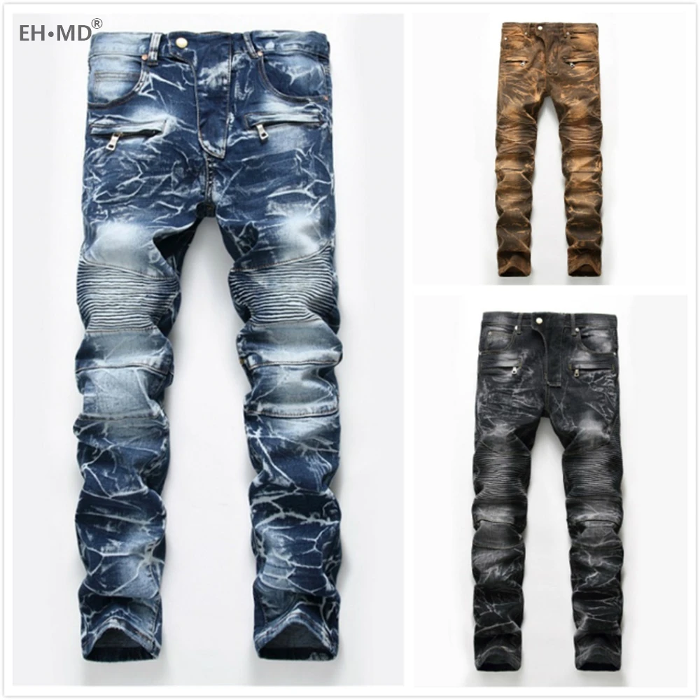 EH·MD® Zipper Pocket Jeans Male Bloodshot Decoration Stitching Striped Stretch Cloth 3D Crotch Slim Digital Printing New 2021