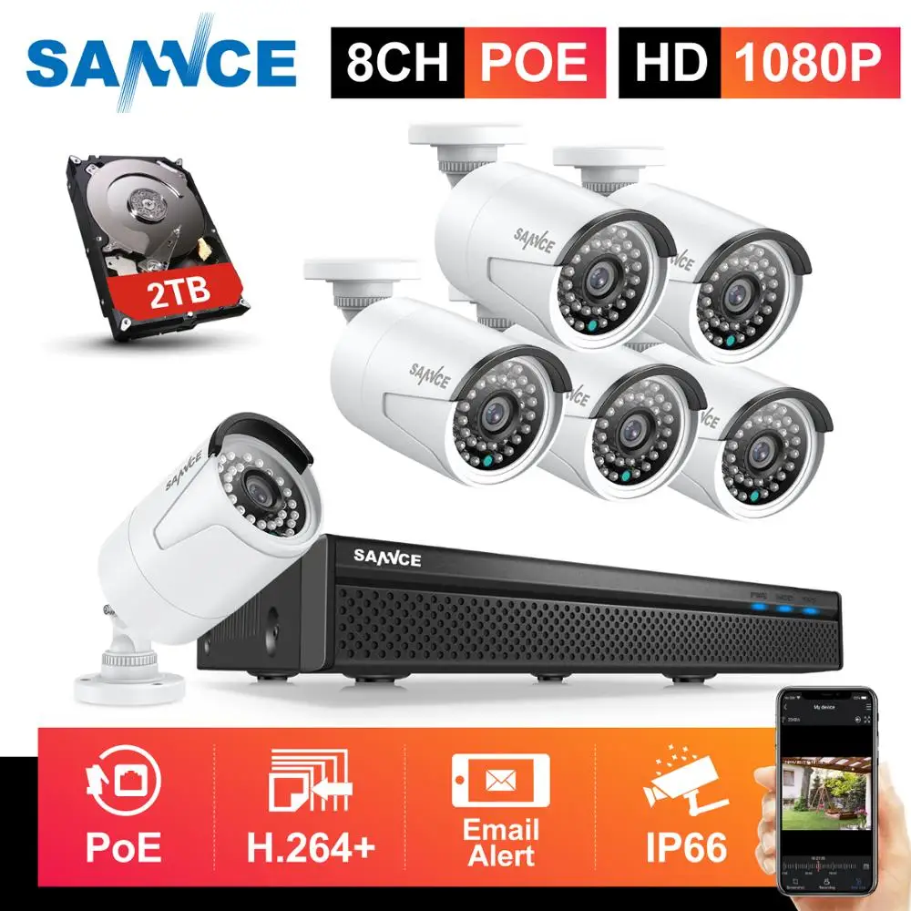 Сетевая система видеонаблюдения SANNCE 8 каналов 1080P FHD POE 6 шт. 2 МП уличная