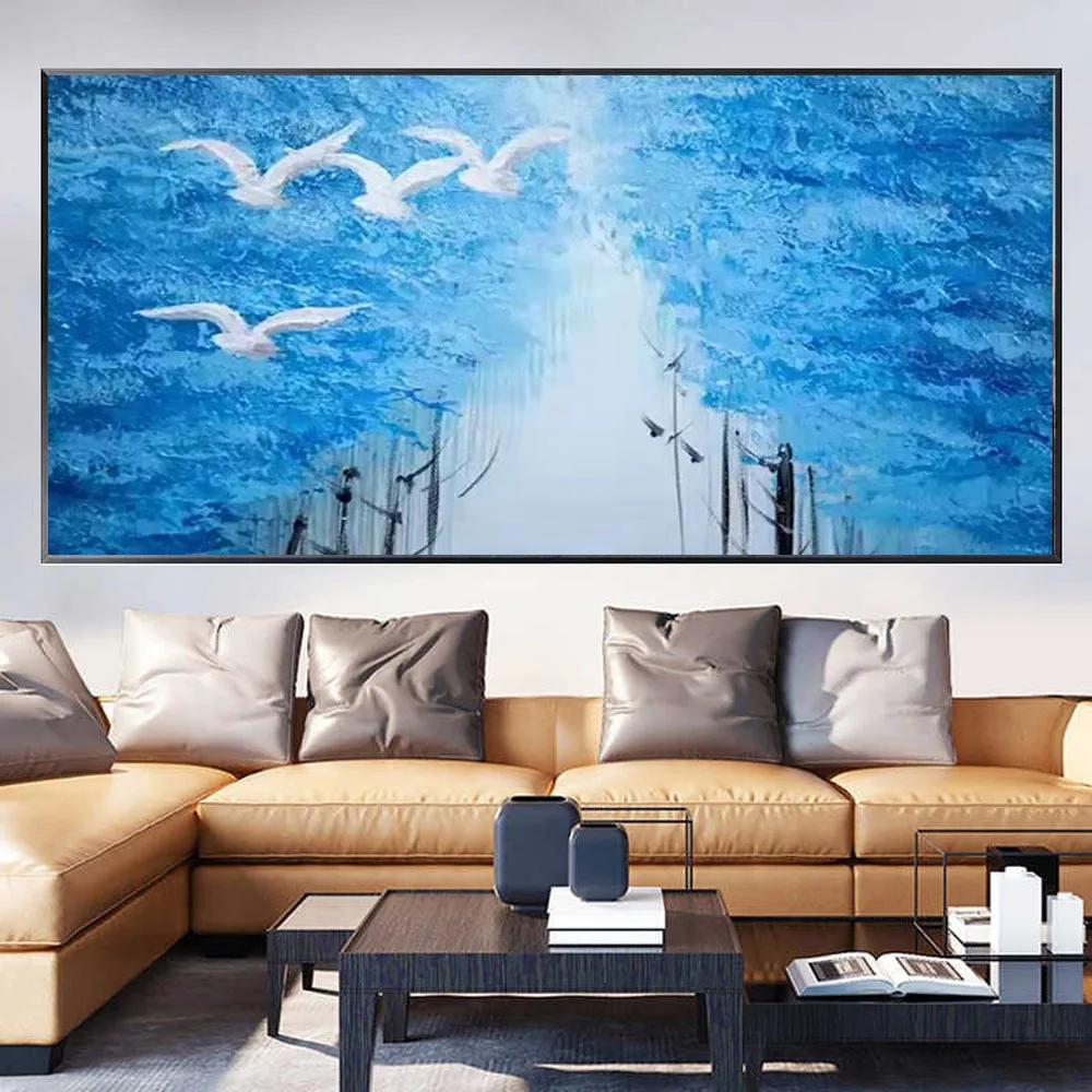 

Light Luxury Panel Fresco 100% Hand-Painted Abstract Blue Oil Paintings Modern Canvas Image Wall Art For Living Room Home Decor