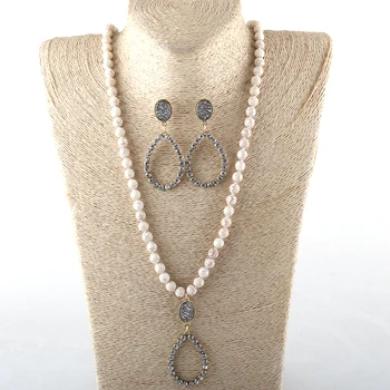 

Fashion Jewelry Set White Stone / White Glass Long Knotted Crystal Drop Necklace Earring set