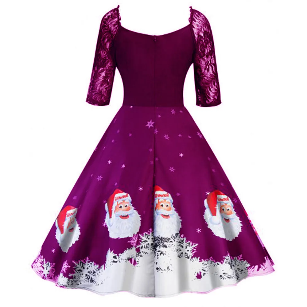 Ночнушка# W401 новое модное платье рождественское женское платье с коротким рукавом Кружевное лоскутное печатное винтажное платье Вечерние платья
