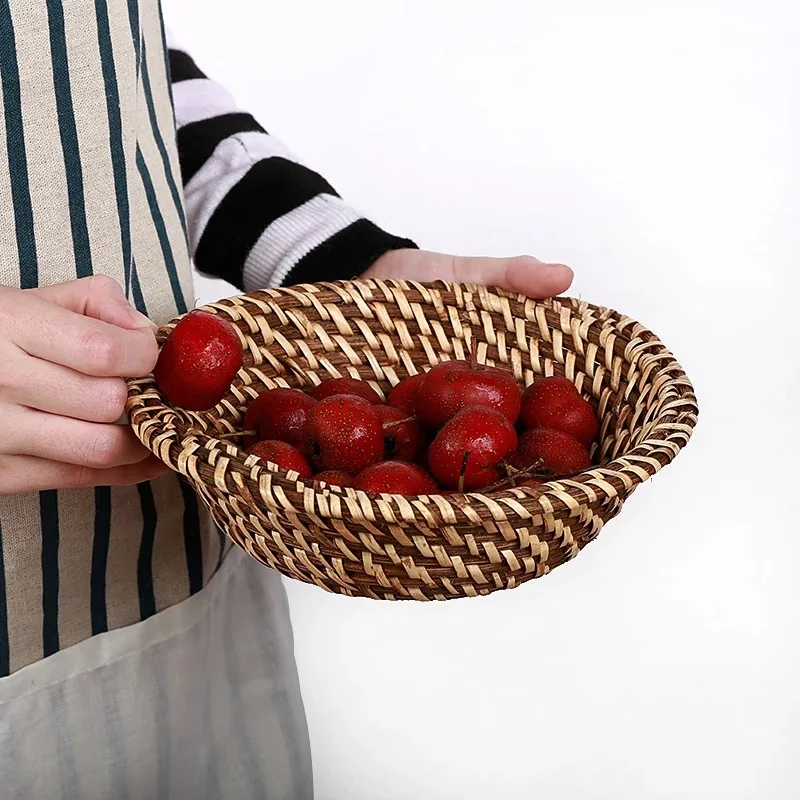 Kitchen storage basket handmade rattan woven round brown green vegetable and fruit storage basket kitchen household items