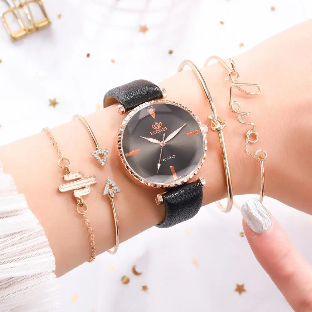 5pcs Set Top Style Fashion Women's Watch Luxury Leather Band Analog Quartz WristWatch Ladies Watch Women Dress Relogio Mujer