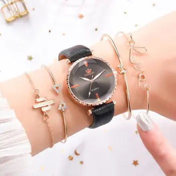 5pcs Set Top Style Fashion Women's Watch Luxury Leather Band Analog