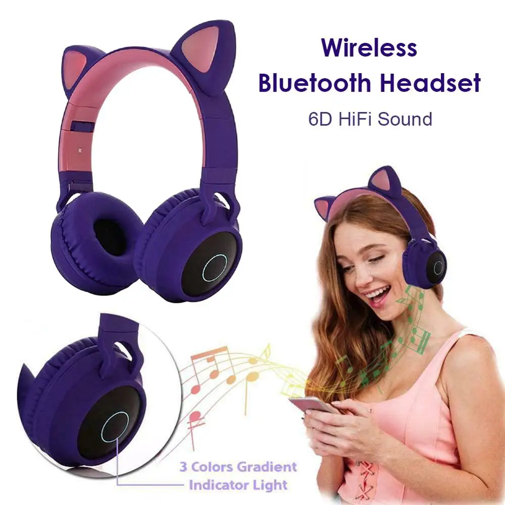 Girls Cute Cate Wireless Headphones LED Deep Bass Lighting Bluetooth 5 0 Earphone Support TF Card with Jack 3 5mm Mic for Kids