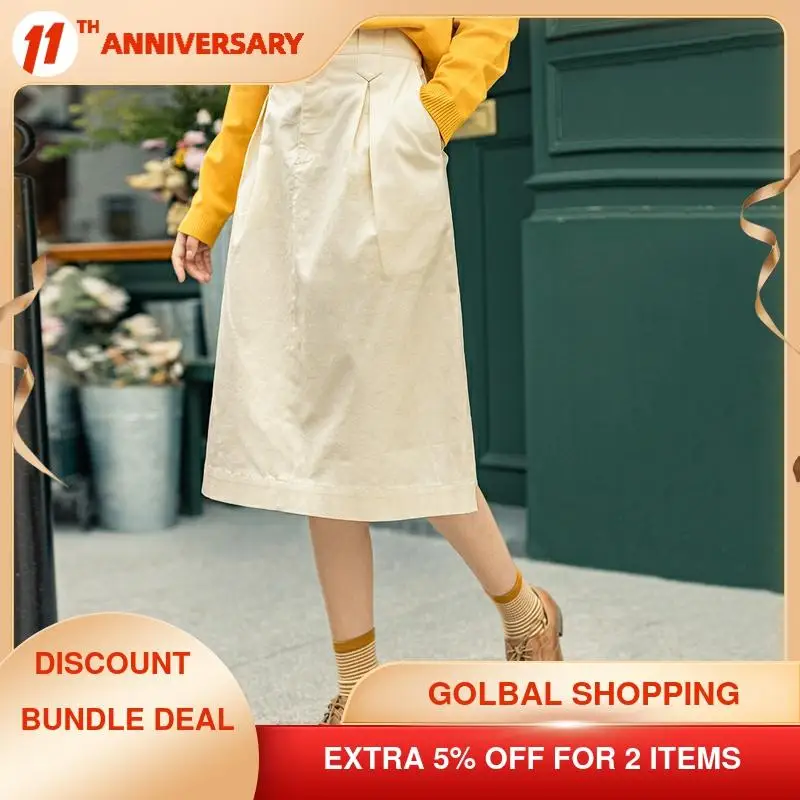 INMAN Spring Autumn High-waisted Cotton Slimming Pleat Ripper A-line Casual Skirt | Женская одежда