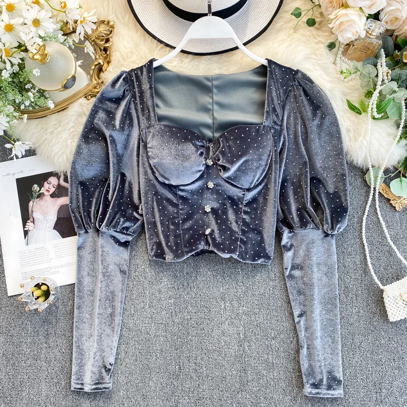 

Women Retro Court Long Puff Sleeve Short Tops Lady Slim Retro Square Collar Velvet Padded Blusas Femininas Elegante Blouse G1116