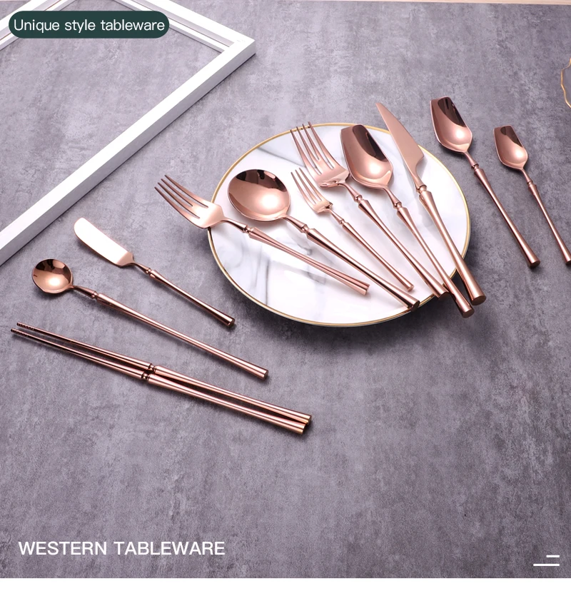 Description Picture 2 of itemBright Rose Gold 18/10 Stainless Steel Cutlery Dinnerware Tableware Knife Spoon Fork Chopsticks Flatware Set Dishwasher Safe
