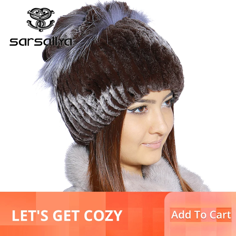 

SARSALLYA Winter fur hat for women real rex rabbit fur hat with silver fox fur flower knitted beanies sale women fur cap