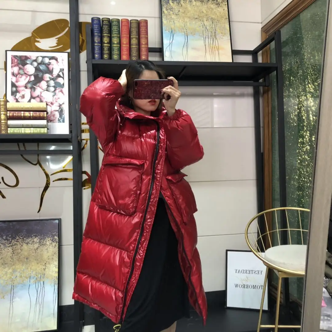 Корейский стиль, модный пуховик, женский, толстый, выше колена, длинный, стоячий воротник, свободный и большой размер, большой карман, пуховик, белый