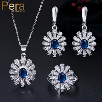 

Pera Fashion Korean Brand Design Royal Blue Cubic Zirconia Jewelry Big Round Pendant Necklace Earrings Ring Set for Women JS190