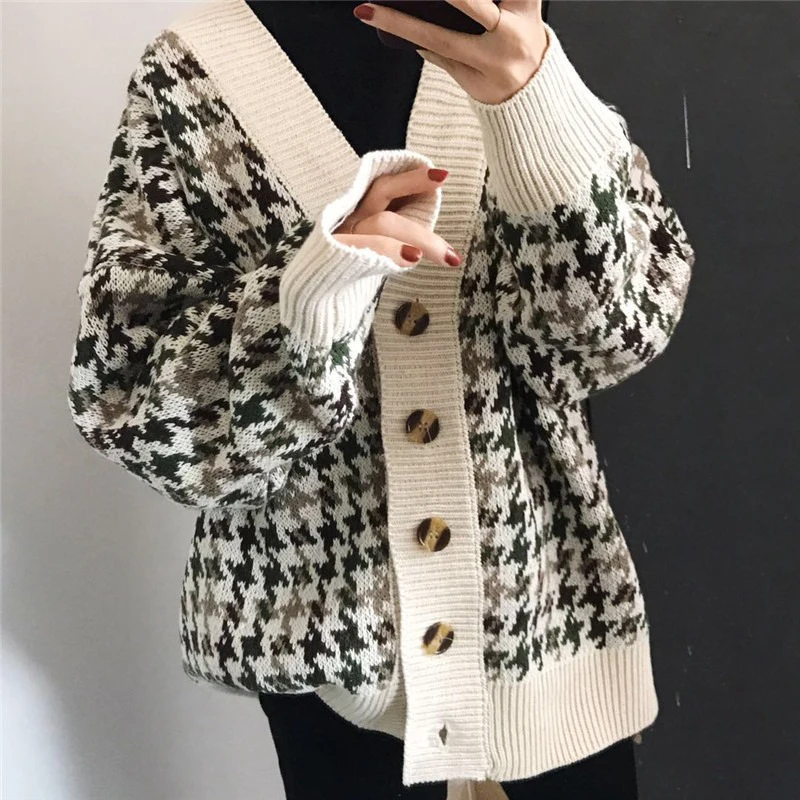Lattice Cardigan Woman Sweater V Neck Winter Younger Clothing Long Cotton Fall Fashion Gray Brown Retro Houndstooth Thick Coat |