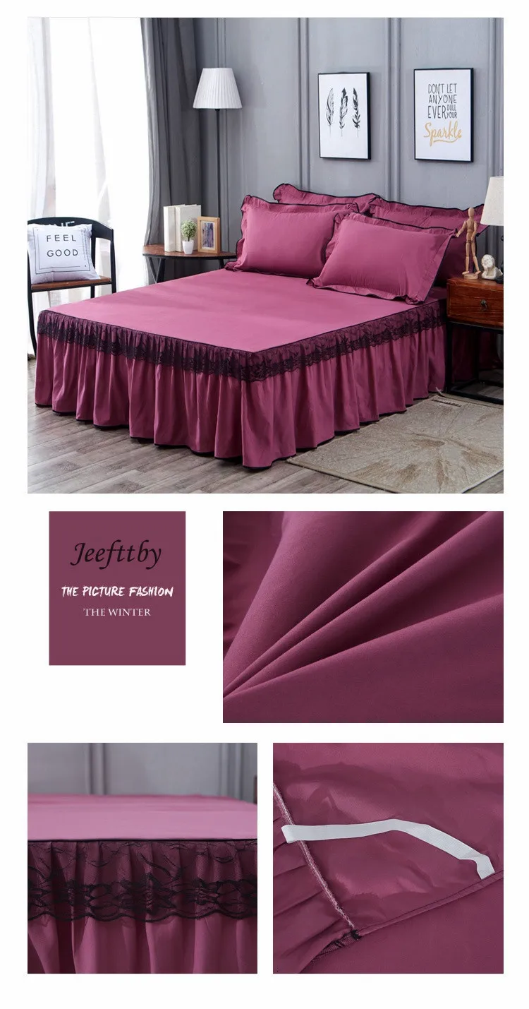 Jeefttby, однотонный цвет, кружевное украшение, нескользящая кровать, юбка, Королевский размер, Комплект постельного белья, 3 шт, для девочек, простыня, покрывало, наволочка, для дома