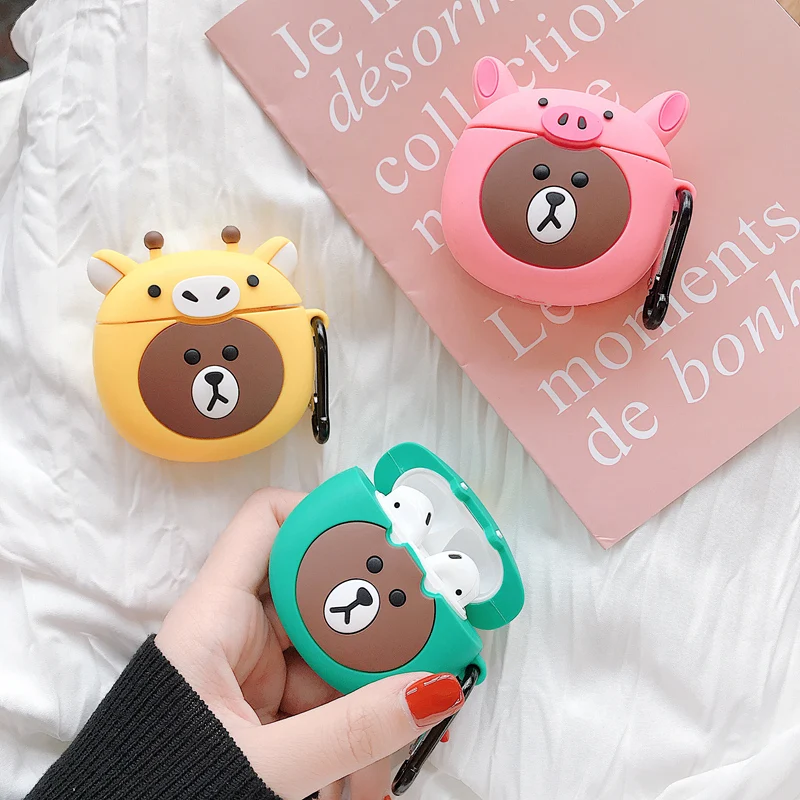 

3D Bluetooth Wireless Bear Earphone Case For AirPods Silicone Cute Cartoon Cover Accessories For Airpods 2 Box Keychain Key Ring