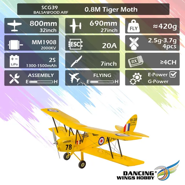 タイガーモス・82a ARFキット Arf Balsawood airplane、電動rcモデル、rcプレーン、800mm