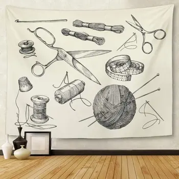 

Vintage Sewing Notions Thread Needle Scissors Ball of Yarn Knitting Needles Crochet Sketch Kit Tapestry Wall Hanging for Living