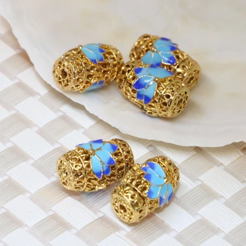 

10*15mm 5pcs charms cloisonne beads barrel rice shape carved blue flower gold-color accessories spacers jewelry making B2385