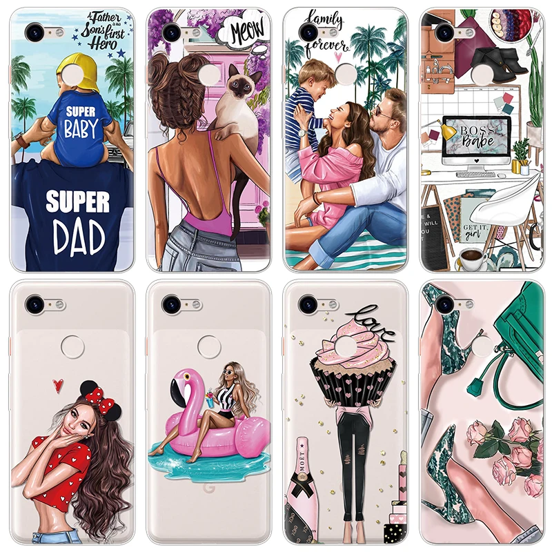 

Black Brown Hair Baby Mom Girl Case For Google Pixel 3a 3 XL TPU Silicone Coque For Google Pixel 2 XL Cover Case Clear Rubber