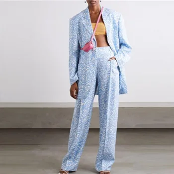 

High Quality Autumn Fashion Flower Print Streetwear Two Piece Set Women Blazer Jacket Coat + Long Pants Suits Female 2 Piece Set