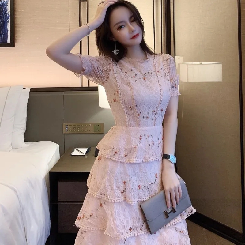 

Pink Lace Embroidery Maxi Dress Female Summer Short Sleeve High Waist Ruffle Elegant Long Party Dresses Woman 2020