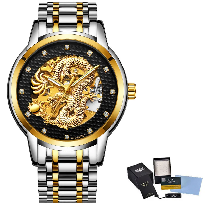 LIGE мужские s часы Топ люксовый бренд часы из нержавеющей стали водонепроницаемые автоматические механические мужские часы с драконом мужские Relogio Masculino+ коробка - Цвет: Gold Black S