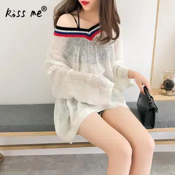 

Solid V Neck Swimsuit Cover Ups Women Beach Wear See Through Sexy Bikini Cover Up Long Sleeve Beach Loose Casual Sun Protection