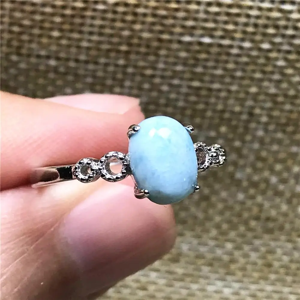 

8x6mm Top Natural Blue Larimar Ring For Woman Man Water Pattern Stone Crystal Silver Oval BeadsA djustable Ring Jewelry AAAAA