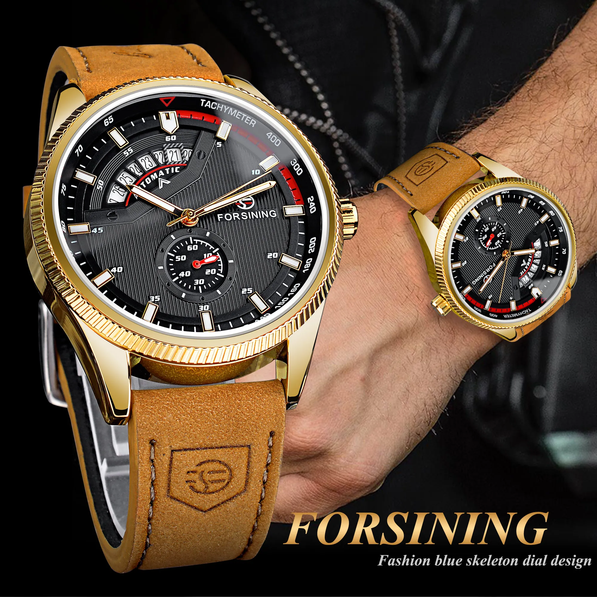 Forsining Men Mechanical Wristwatch Fashion Automatic Man Outdoor Watch With Date Display Leather Waterproof Analog Watches_voghion.com