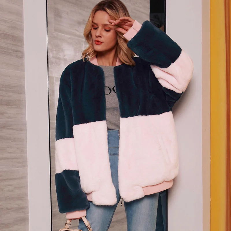 

2019 Autumn Winter Coat Women Fleece Jacket Coat Color Block Long Sleeve Zipper Front Warm Jacket 3XL Plus Size Outerwear female