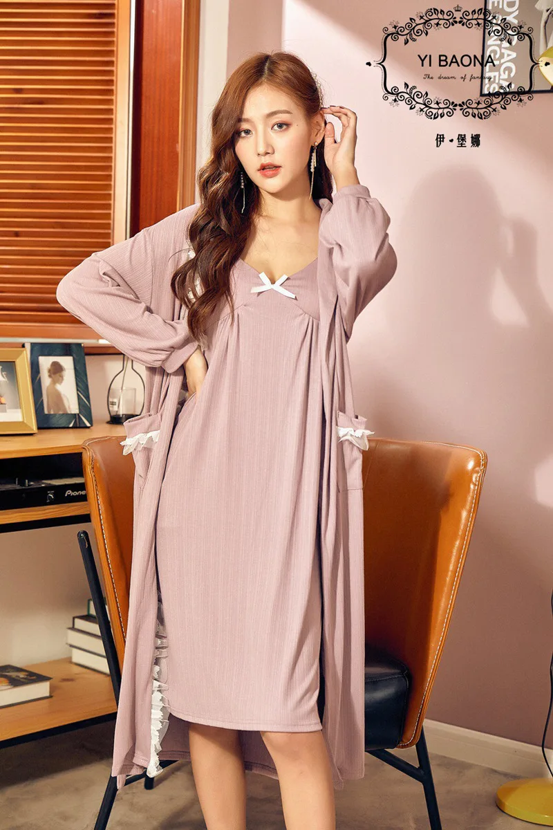 HaloSweet Winter Cotton Nightgown Suit Women Sleepwear Long Sleeves Dressing Gown With Robe Two Piece Lounge Set Night Set Lady