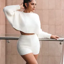 Женский комплект 2 шт. спортивные костюмы, укороченный топ+ штаны, Женский однотонный цвет, круглый вырез, открытый пупок, шнурок, сексуальный повседневный комплект из двух предметов#3