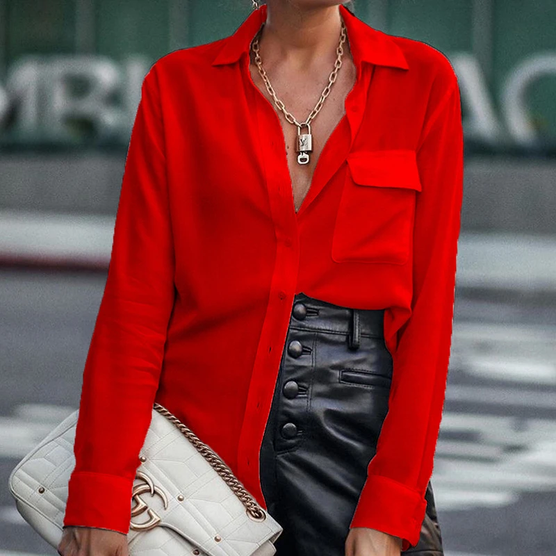 Camisa de manga larga para mujer, blusa blanca y roja a la de calle para otoño e invierno, Top abotonada con bolsillo para oficina|Blusas y camisas| - AliExpress