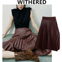 

Maxdutti WInter Skirt England Style Fashion Vintage PU Pleated A-line Party Long Faldas Mujer Moda Midi Skirts Womens