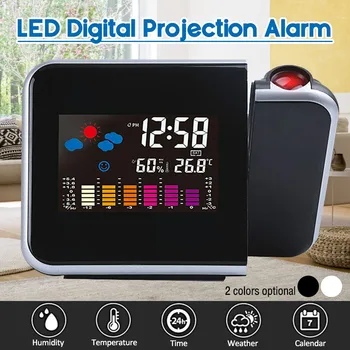 

Colorful LED Digital Projection Alarm Clock Radio Clock Temperature Thermometer Humidity Hygrometer Desk Time Projector Calendar