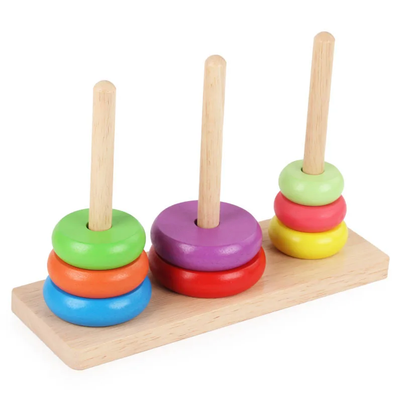 Wooden Tower of Hanoi Five-color Trapping Children'S Educational Early Childhood Wooden Toys Eight-Layer Tower of Hanoi Hands-on