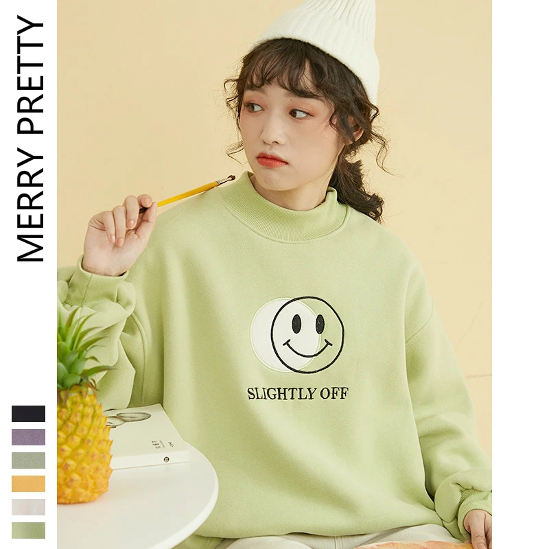 Merry Pretty для женщин мультфильм вышивка Harajuk толстовки свитшоты зима плюс бархат водолазка пуловер Свободный спортивный костюм