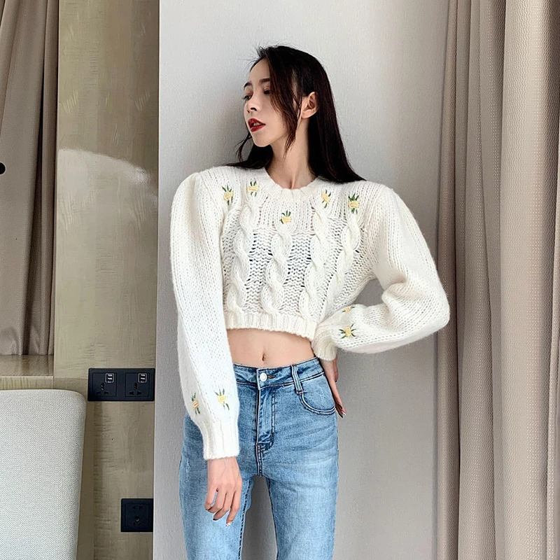 TVVOVVIN Embroidery Knitting Women's Sweaters O Neck Lantern Sleeve Tunic Short Female Sweater Autumn Fashion New L659