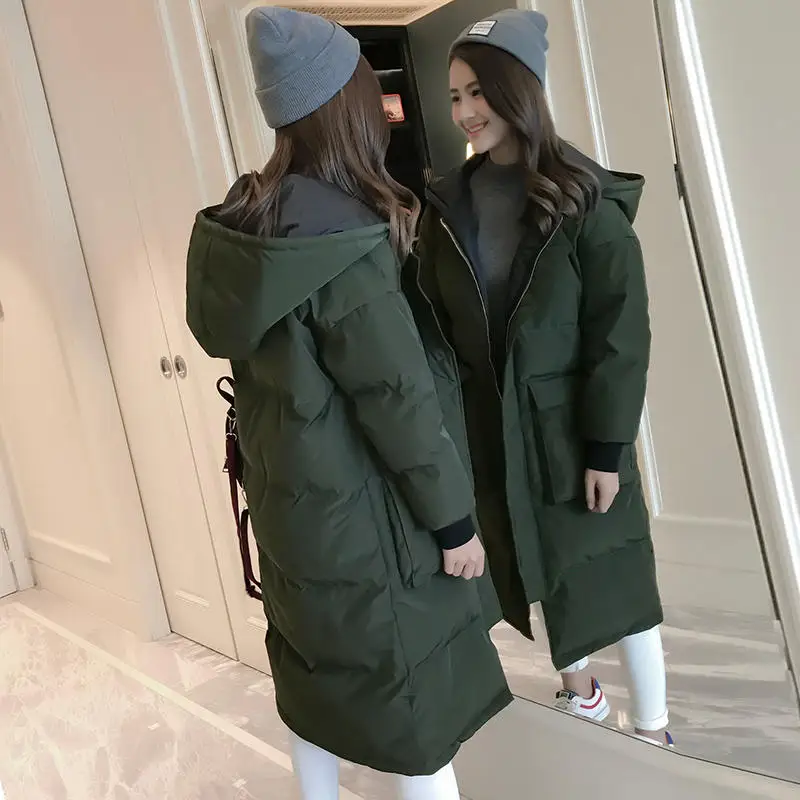 Oversize Down Cotton Coat Female Parka Loose Long Winter Jacket Women Clothing Pockets Student Hooded Jackets Women Padded Q2050 - Color: Army green Parkas