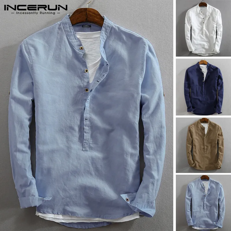 Incerun Para hombres Mangas Largas Camisa Holgada 100/% Algodón Cuello en V Top Blusa Camisas Camisetas