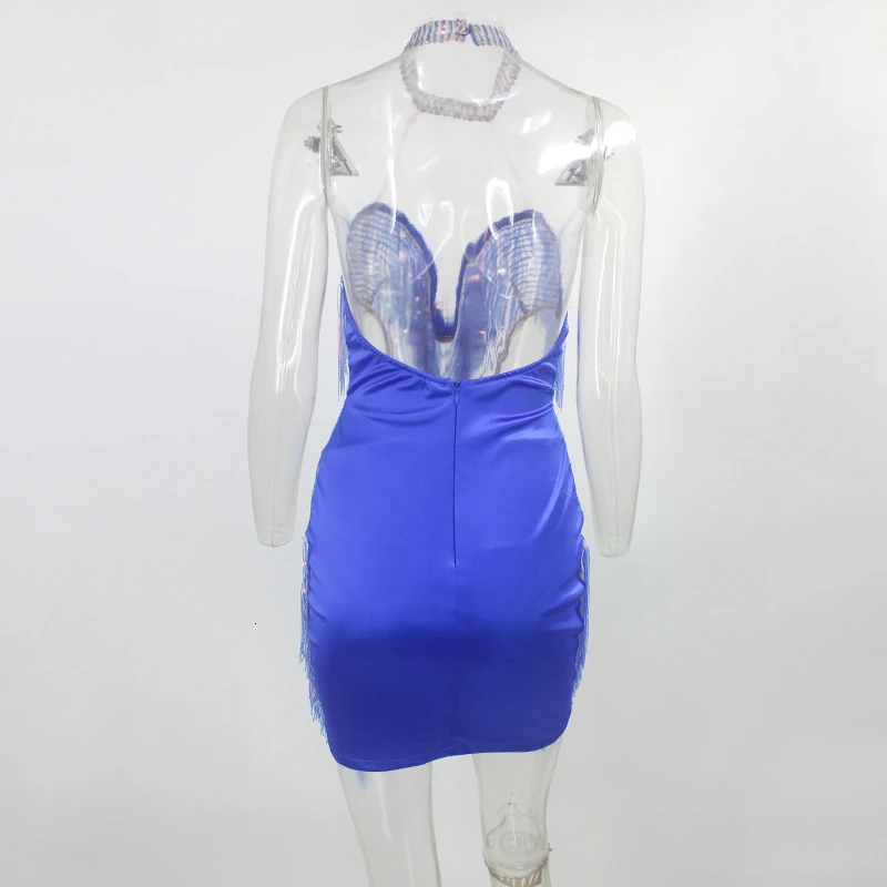Fuedage осенне-зимнее сексуальное платье с кисточками, блестками, открытой спиной, облегающее мини-платье с лямкой на шее, блестящие, позолоченные Клубные вечерние платья Vestidos